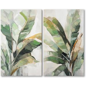Botanical Wall Art Set Hand Painted, for Living Room plant wall art,Green Tropical Plant Leaf Wall Decor, Modern Banana Leaf Wall Painting, for Bedroom, Dining Room, Office - 12x20 Inch 2pack (20W"12H"2Pcs)