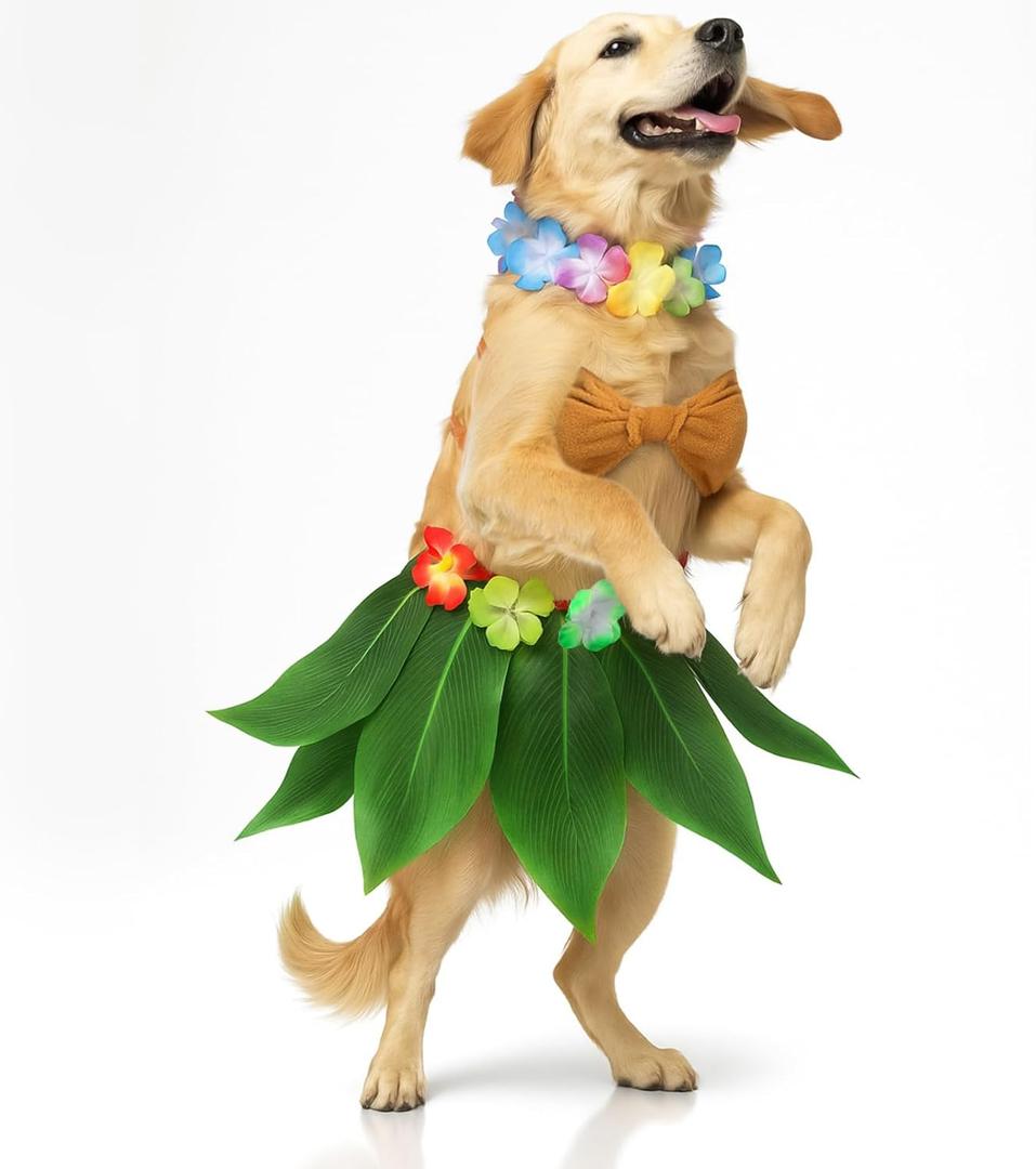 3 Pcs Halloween Dog Hawaiian Luau Costume Includes Hula Dress Bikini Top Flower Lei Boho Neck for Small Medium Dogs Puppy Outfit Pet Accessories Halloween Cosplay Supply