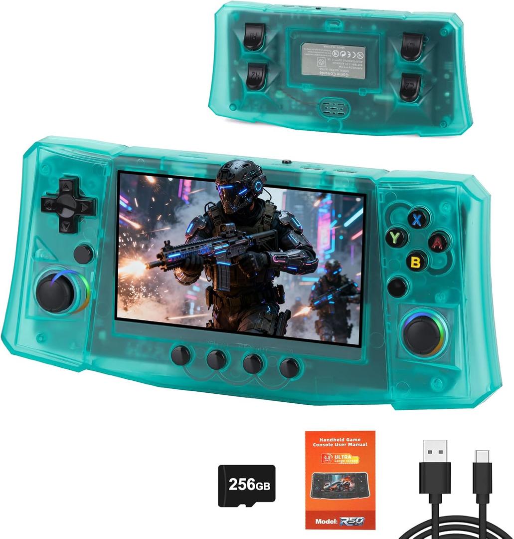 2025 New R50 Retro Handheld Game Console, 50000 Preloaded Games, 256GB Expandable Storage, 4.5 Inch IPS HD Screen, Portable Gaming Device with Long Battery Life (Green)