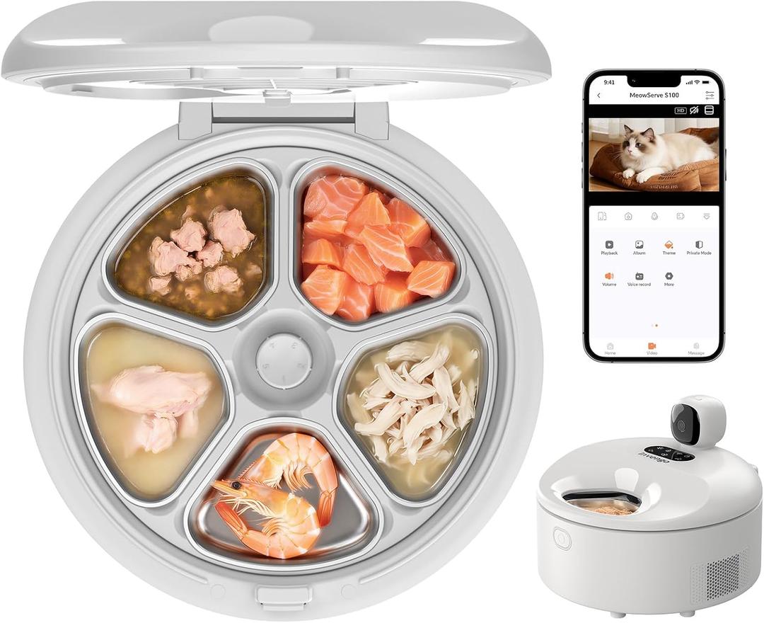Automatic Wet Food Cat Feeder with 3MP Camera, App Control, Dual Semiconductor Cooling, Heating Feeding Area, 5 Stainless Steel Trays Pet Food Dispenser