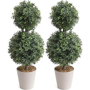 momoplant Artificial Topiary Double Ball Trees 24 Inch Fake Greenery Plants Ball Topiary Tree for Porch,Home,Garden Decor (Set of 2)