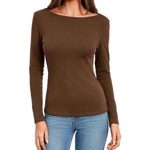 Abardsion Women Boat Neck Tops Cotton Long Sleeve Shirts Slim Fitted Fall Spring Y2K Clothes Outfits 2026 (Small, Brown)