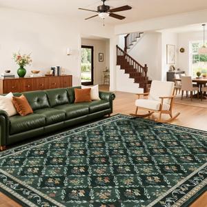 Rwlvpe Green Floral Rugs 8x10 Area Rugs for Living Room, Non Slip Stain Resistance Washable Vintage Large Area Rug for Bedroom, Low Pile Checkered Carpet for Farmhouse Dining Room Office