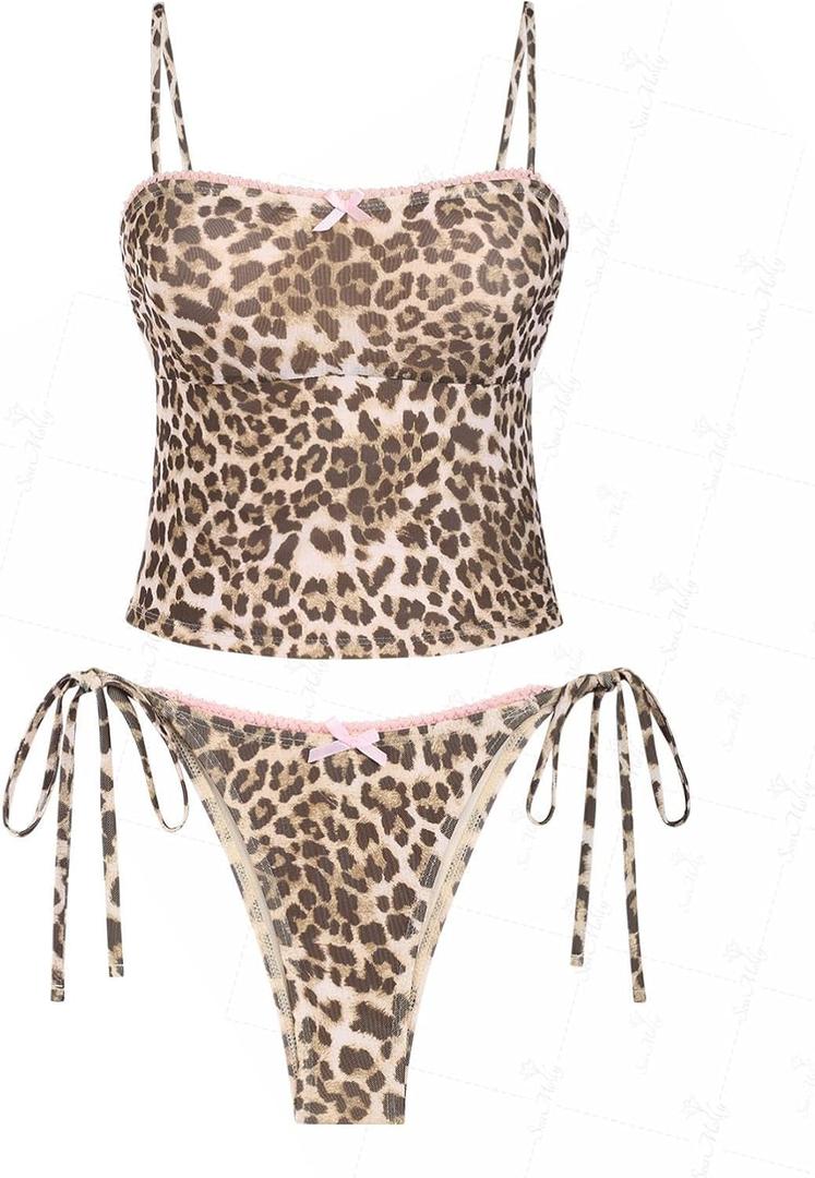 seamoly Womens Cute Tankini Set Gingham Two Piece Swimsuits with Bow Back Tie Side Bottom (Large, Coffee-05)