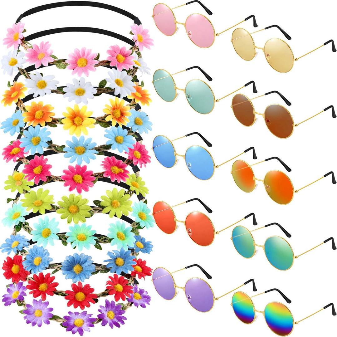 20 Pieces Hippie Headband Glasses Costume Set, Includes 10 Pieces Multicolor Daisy Flower Crown, 10 Pieces Round Hippie Sunglasses for Festival