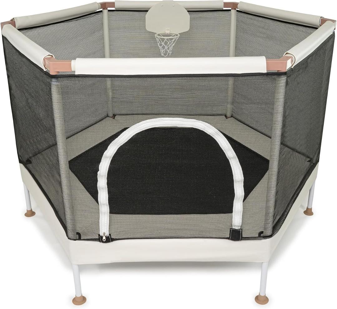 Kids Trampoline, Aesthetic Indoor and Outdoor Toddler Trampoline with Safety Net, Basketball Hoop, 220lb Capacity, Ultra Safe No-Gap Design, Gifts for Boys & Girls