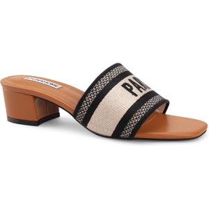 STUNAHOME Women's Heeled Sandals Low Block Chunky Heels Woven Embroidered Square Toe Slip on Heel Sandals Mules Comfortable Casual Summer Party Dress Shoes (5.5, Black Gold)