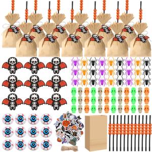 Capoda 170 Pcs Halloween Party Favors for Kids, 12 Sets DIY Witch Broom Bags with Pumpkin Straws Skull Tags Spider Eyeball Toys Stickers for Trick or Treat Goodie Bag Fillers Classroom Supplies