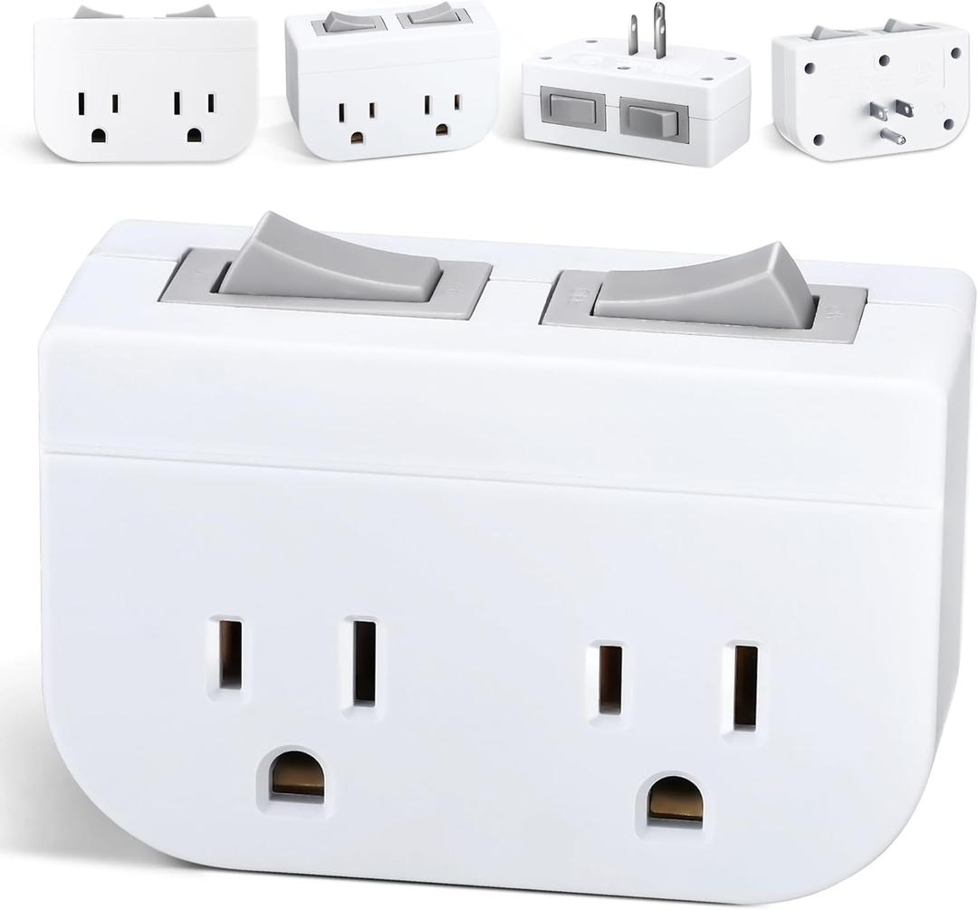 Grounded Double Outlet Power Adapter with Separate On/Off Switches 5 Pack,3 Prong 2 Port Electrical Plug Current Wall Tap for Cruise Ship, Hard-to-Reach Lamps, Kitchen Appliances,1875W/15A, ETL, White