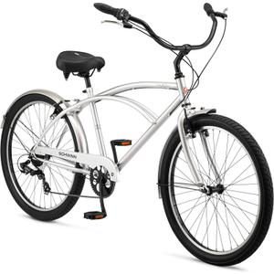 Schwinn Huron Adult Beach Cruiser Bike, 26-Inch Wheels, 18-Inch Steel Frame, 7-Speed Twist Shifters, Coaster Brakes, Silver