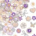 Giegxin 48 Pcs Rhinestone Buttons for Crafts Faux Pearl Embellishments Button Butterfly Flower Vintage Brooch for Wedding Decorations Jewelry Making DIY Clothes Bags Shoes Supplies(Purple)