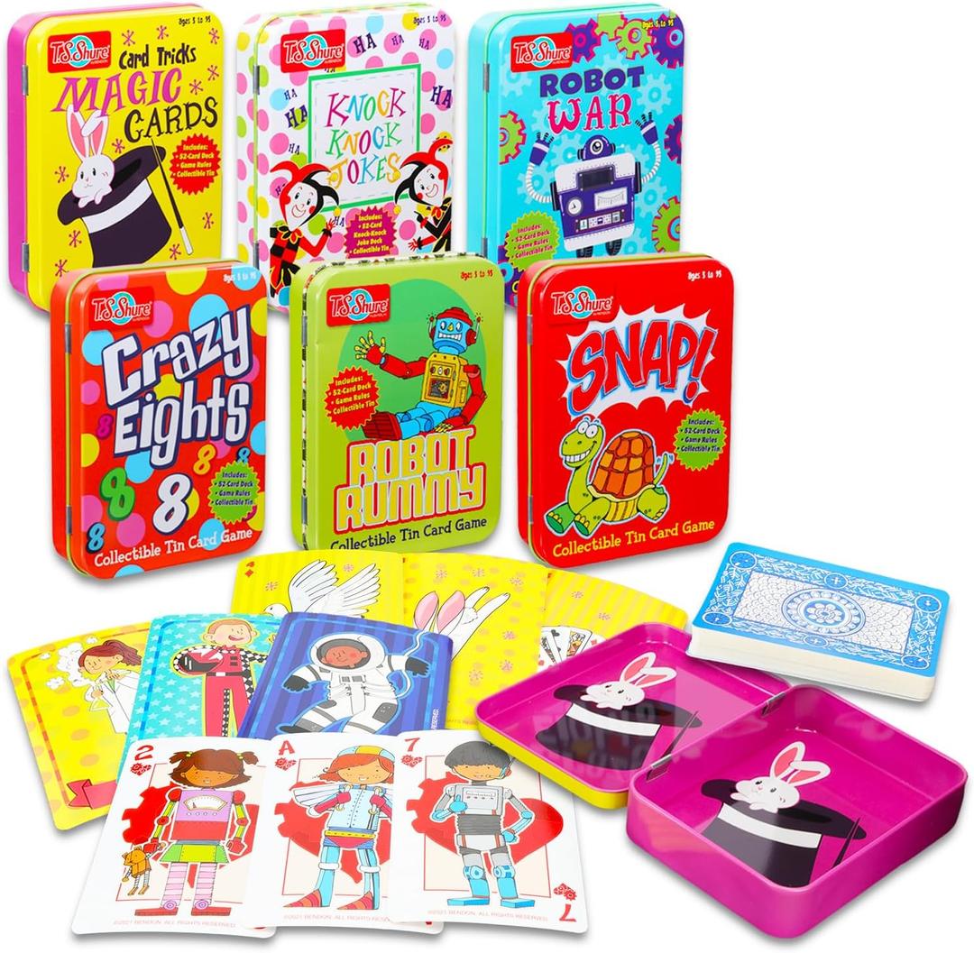 6 Pack Card Games - Tin Case Travel Table Games and Activities, War, Magic Card Tricks, Crazy Eights, More | Family Game Night Bundle
