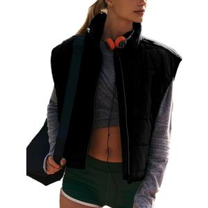 Wanzetaly Womens Zip Up Puffer Vest Oversized Stand Collar Sleeveless Quited Padded Jacket Coat(0423-Black-M)