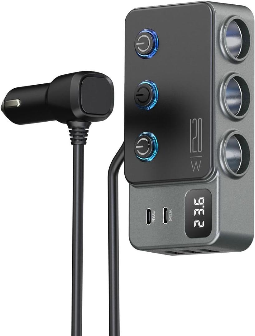 8 in 1 Cigarette Lighter Splitter, 3 Socket Car Charger Adapter, Type-C QC3.0 PD35W 5 USB C/A Fast Charging Port,12V/24V Input 120W Outlet with Built-in Protecter, Zero Risk to Car Battery & Devices