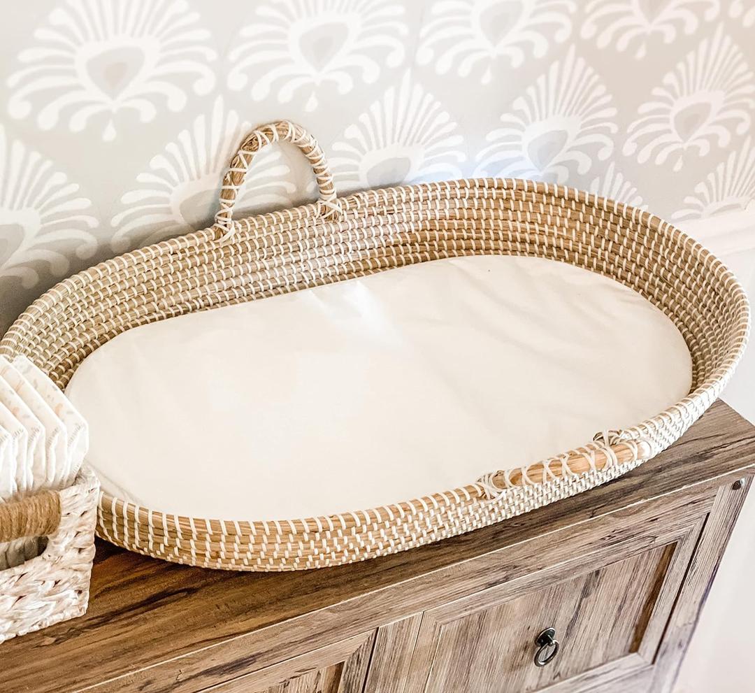 Seagrass Baby Changing Basket with Waterproof Pad | Portable Diaper Changing Topper for Dresser or Table | A Nursery Essential