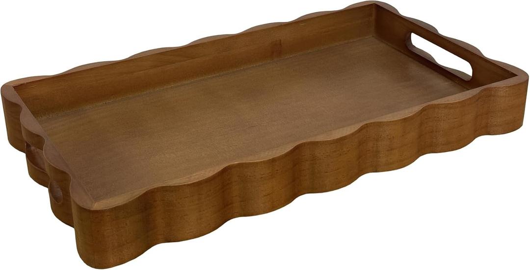 JUIOETURPine Wood Decorative Tray with Handle Rectangular Wooden Serving Tray for Breakfast in Bed,Coffee Table,Dining Table,or Kitchen - Perfect for Living Room, Bedroom, and Entryway Decor (Brown)