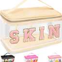 Chenille Letter Clear Makeup Bags Skin Pouch, Preppy Patch Makeup Bag Zipper with Handle, Transparent PVC & Nylon Waterproof Glitter Cosmetic Handbag Travel Toiletry Storage for Women Girl(SKIN-Beige)