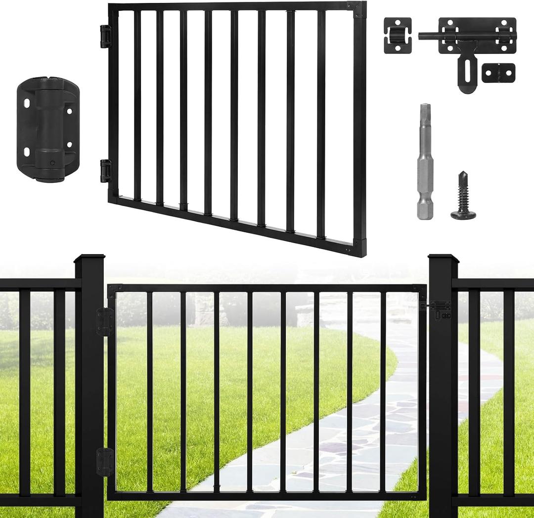 Outdoor Deck Fence Gate Kit, 32''H x 48''W Heavy Duty Steel Gate Anti-Rust Fence Door with Self-Closing Hinges and Latch for Railings, Patios, Gardens, Decks