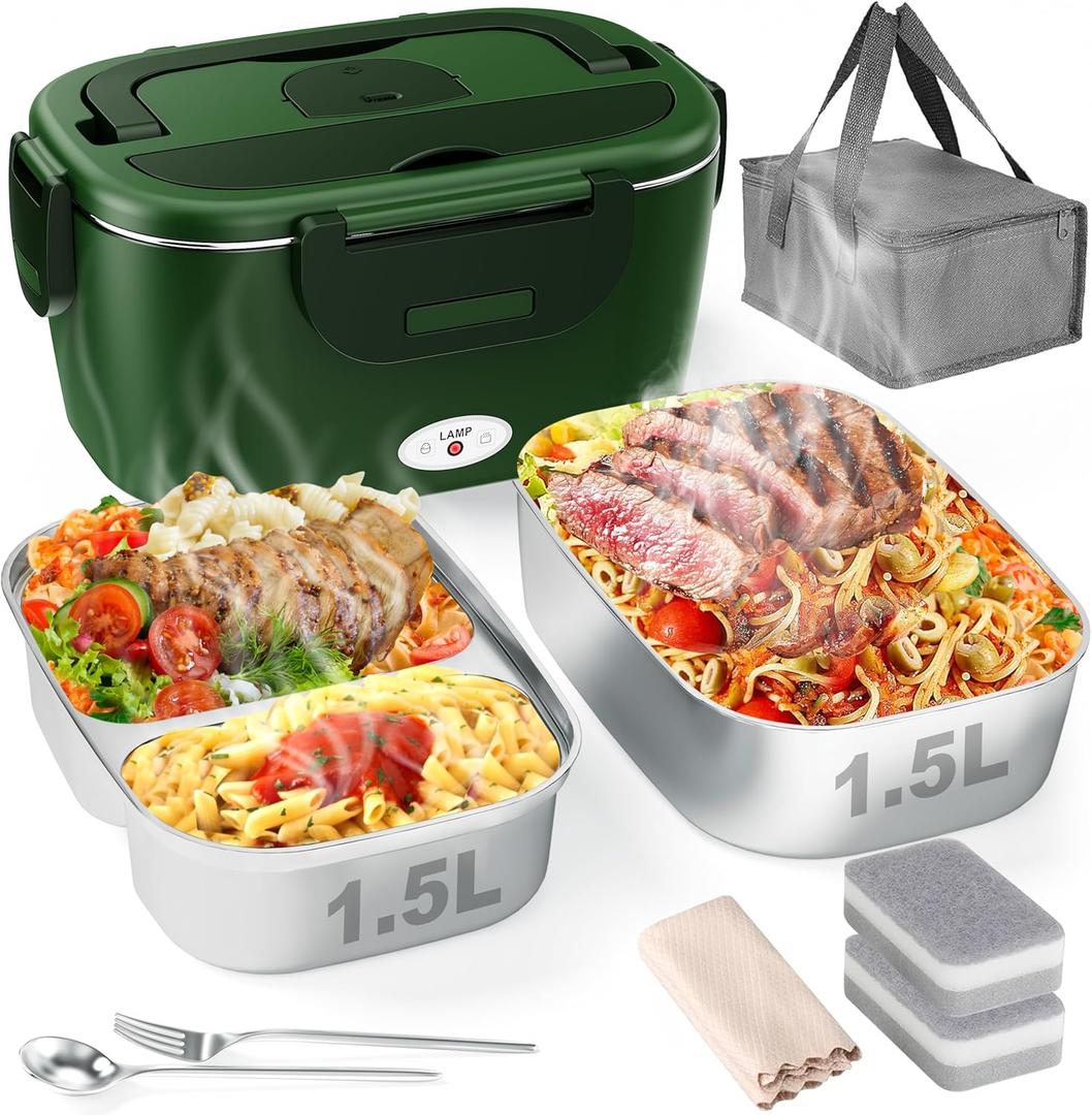 Electric Lunch Box for Men, Women & Adults - 80W Fast Heating - Heated Lunch Box with Dual 1.5L SS Containers - Portable Food Warmer for Car, Truck, Office-GN