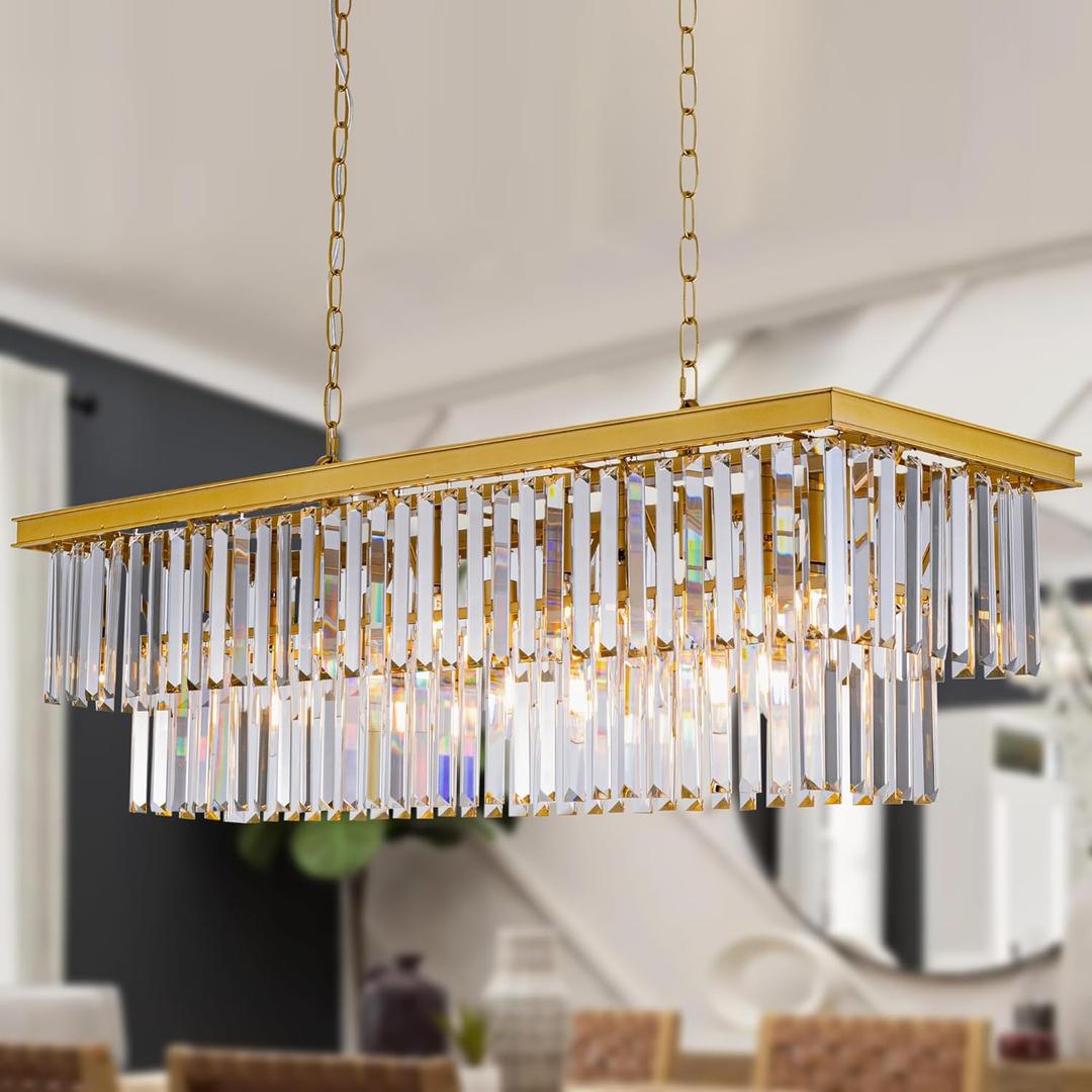 Wellmet Black Chandelier 40 inch, 11-Light Modern Rectangular Crystal Chandelier Ceiling Hanging, Linear Chandeliers Light Fixture for Living Room, Dining Room, Bedroom, Kitchen Island (Gold)