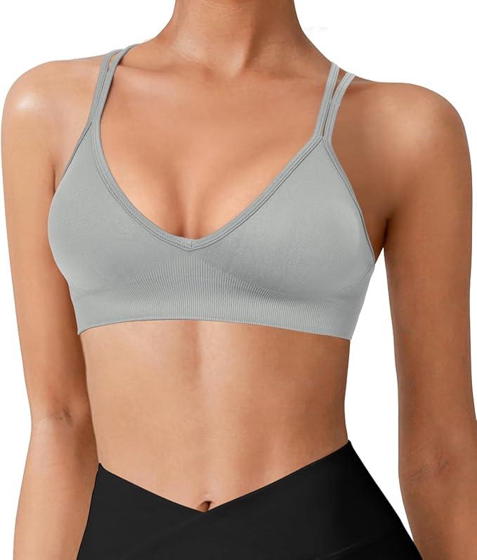 VEQING Seamless V-Neck Women Sports Bras, Padded Cross Back Wireless Low Impact Workout Yoga Bras for Small Chests, (2pack(gray+brown))