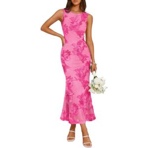 ZESICA Womens 2026 Summer Floral Wedding Guest Midi Dress Sleeveless Mesh Slit Bodycon Formal Cocktail Party Dresses (Pink, S)