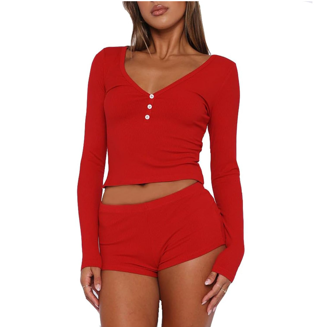 RUEWEY Womens Ribbed Knit Pajama Sets Long Sleeve Top and Shorts Matching Lounge Set PJ Set 2 Piece Outfits, Small