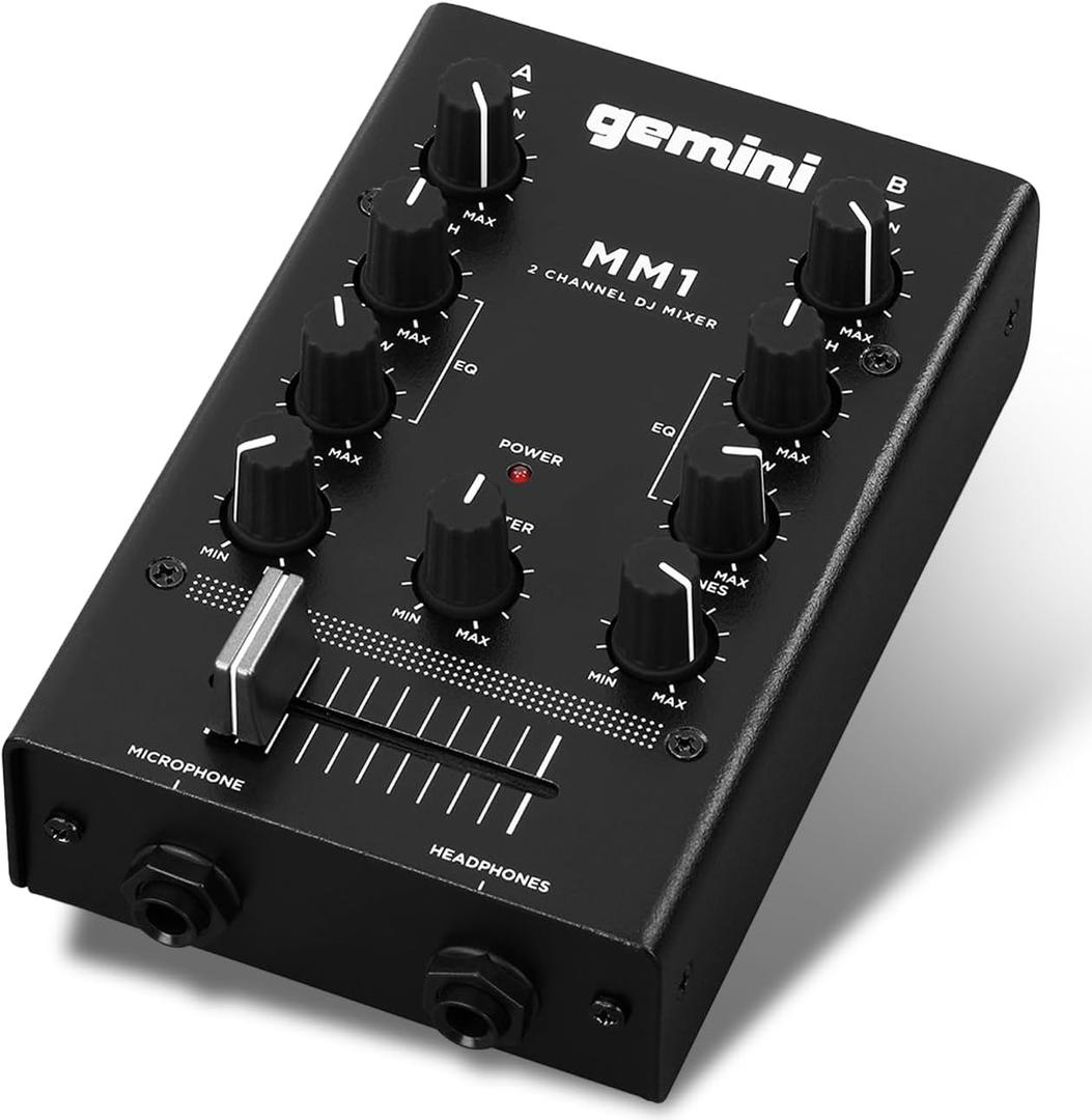 Gemini Portable 2-Channel DJ Mixer  Pocket-Sized Mini Audio Mixer with RCA, Mic & Headphone Jacks, Pro Crossfader & EQ  Compact Mixer for Beginners & Mobile DJs On-the-Go