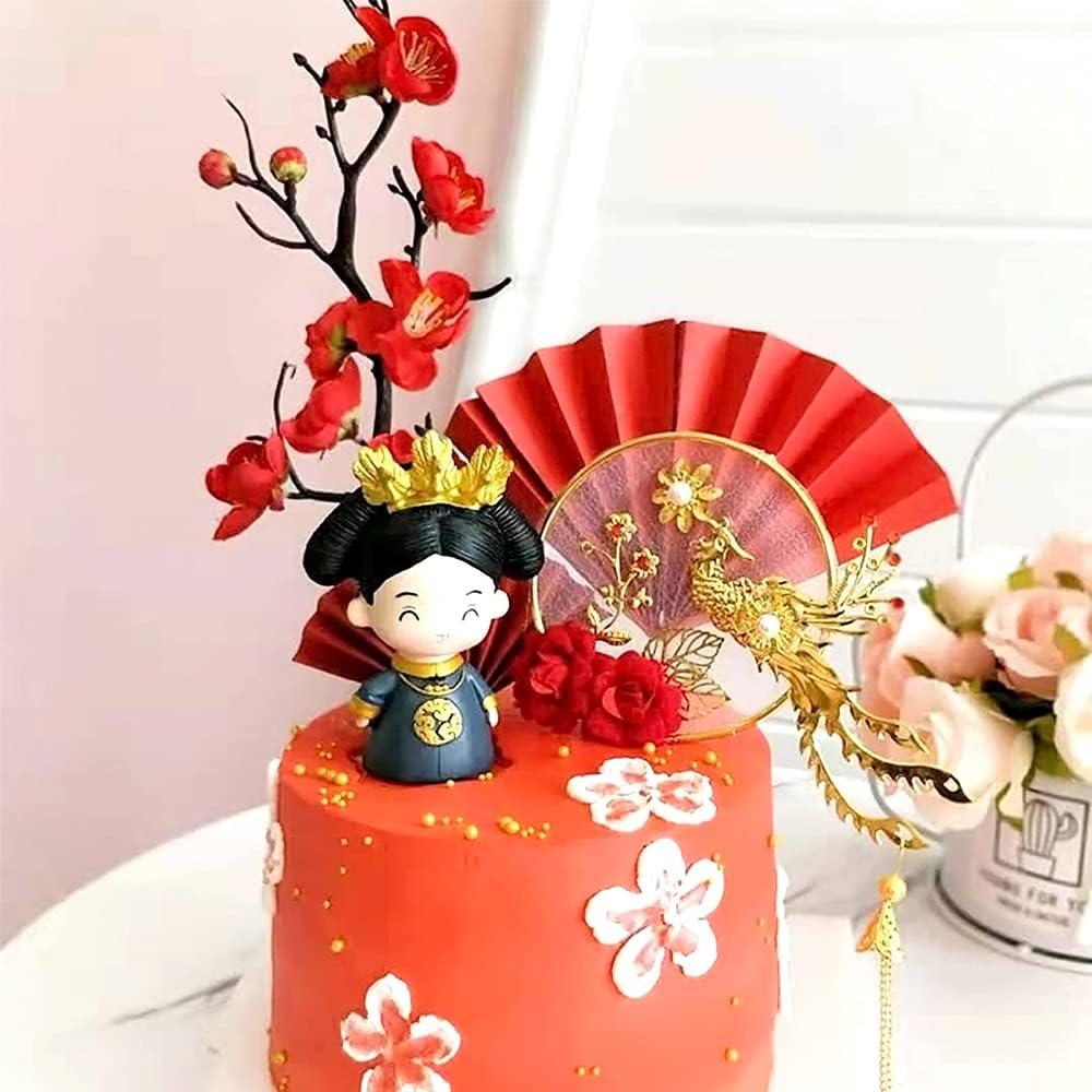 Traditional Chinese Wedding Cake Toppers - Set of 7 - Queen Figurine, Plum Blossom, Phoenix, 3 pcs Fans and Doll Base