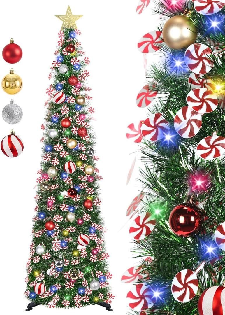 5 FT Pop Up Christmas Tree with Timer Lights and Decorations, Green Artificial Tinsel Christmas Tree with 24 Ball Ornaments, Collapsible Pencil Tree for Home, Office, Holiday Party