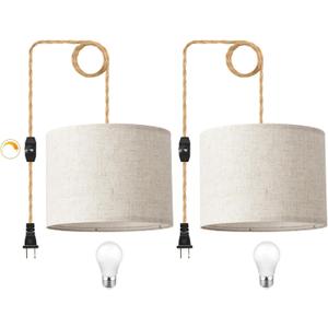 Plug in Pendant Light, Hanging Light with Plug in Cord with Dimmable Switch, Hanging Lamp with 15ft Hemp Rope, Beige Linen Shade, Fixture for Bedroom, Living Room 2 Pack