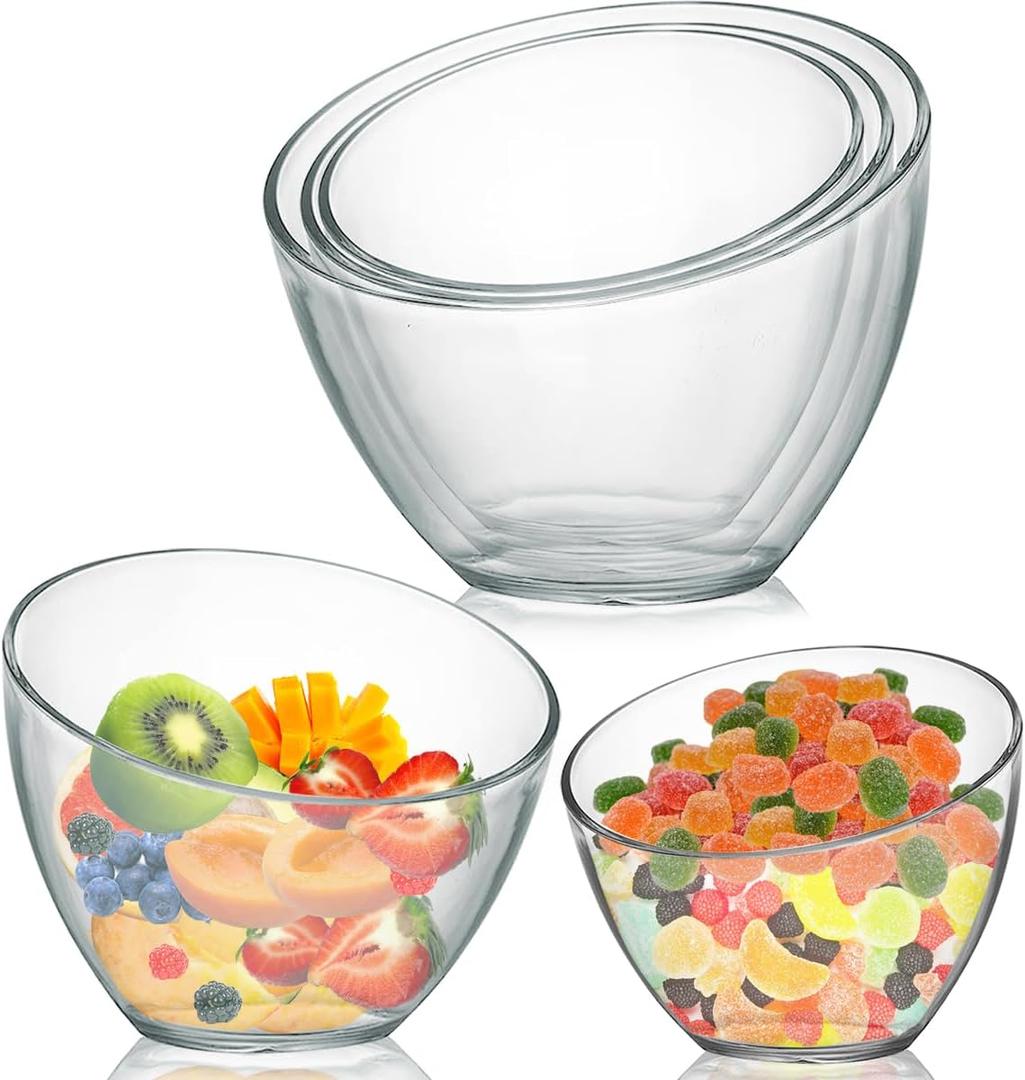 3 Pack Acrylic Salad Serving Bowls Angled Plastic Clear Bowl Thick Acrylic Candy Bowls for Party and Wedding, Clear Snack Bowl for Salad Chips Fruit Candy (3 Assorted Sizes)