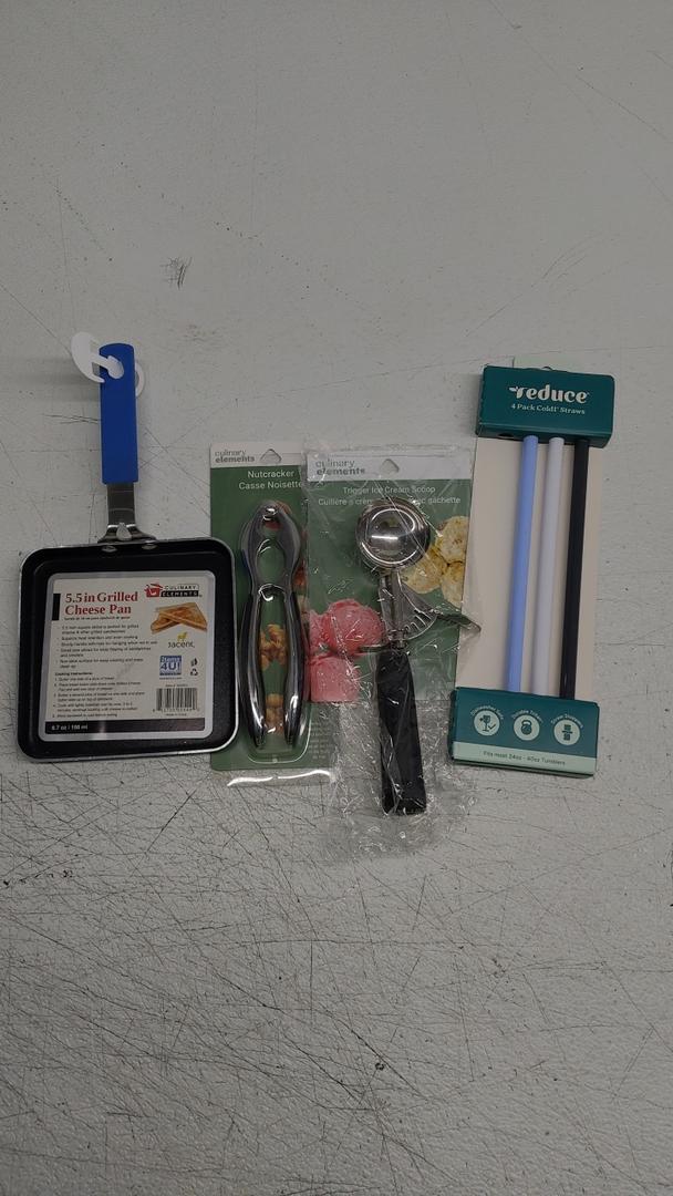 Small lot of cooking supplies, Trigger action ice cream scoop, and nut cracker from Culinary elements, 3 pack of Cold Straws, and 5.5Inch mini pan