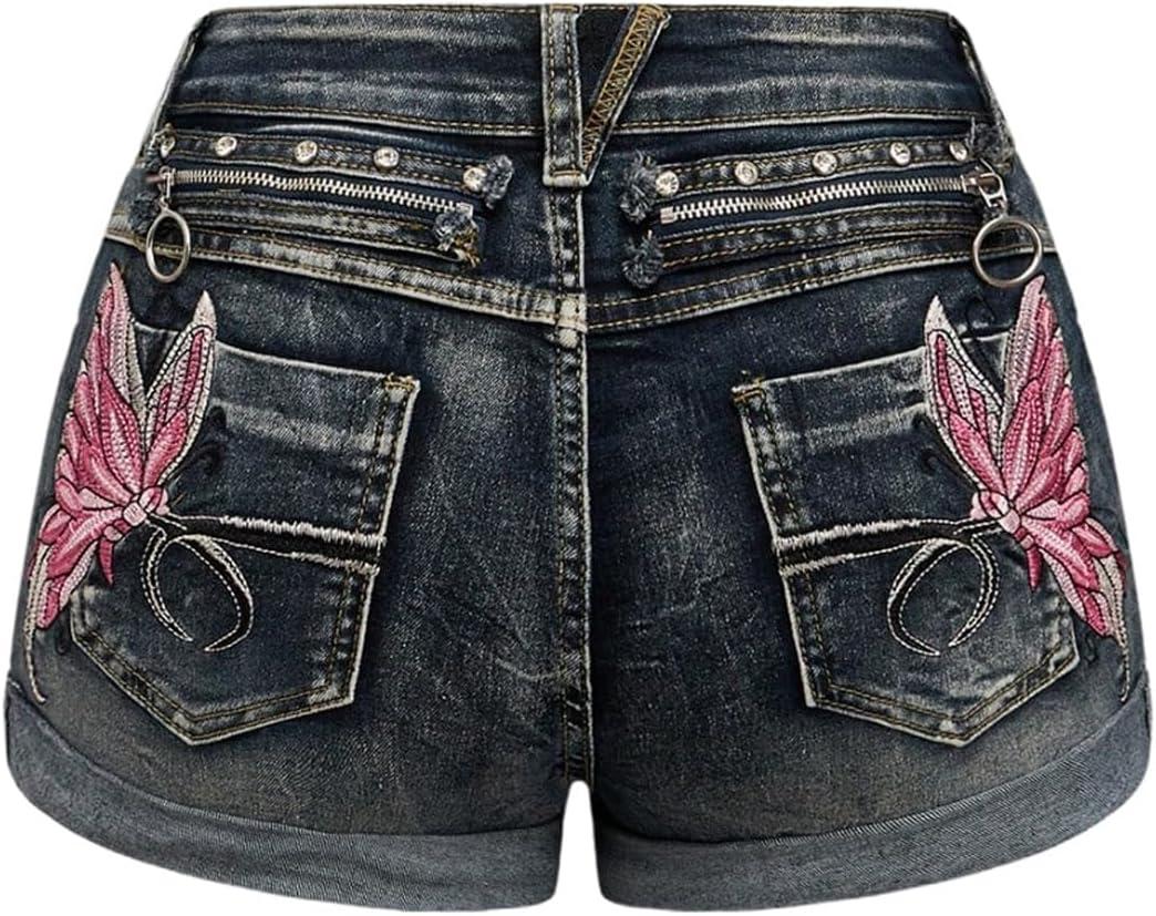 SOLY HUX Women's Y2k Butterfly Embroidery Distressed Jean Shorts Vintage Low Rise Mini Denim Shorts (Large)