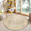 OPPODREAM Vintage Beige Round Rug 3ft, 3 ft Retro Washable Circle Rug Non Slip, Low-Pile Faux Wool Circular Carpet, Distressed Tan Floor Mat for Living Room, Bedroom, Office, Dorm, Dinning Room