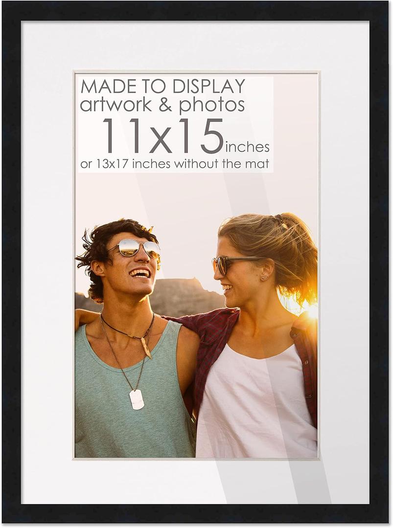 11x15 Black Wood Picture Frame with White Mat | 13x17 Frame Matted to 11x15 | Display Your Picture Under UV Acrylic Shatter Guard Front, with Foam Board Backing and Wall Hanging Hardware - Wood Frame