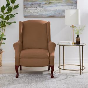 SureFit Ultimate Stretch Suede Wingback Chair Slipcover, Two-Piece Recliner Cover for Wingback Chair and Footrest, Elastic Bottom for A Snug Fit, Machine Washable, Luggage Brown Recliner Chair Cover
