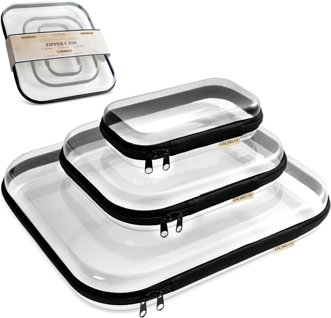 Clear Hard Shell Zipper Case 1.1mm Set S+M+L, Premium Plastic Hardshell Pouches and Storage Boxes for Clothes, Toys, Makeup, Toiletry & Travel, Zip Up Organizer Bags and Packing Cubes.