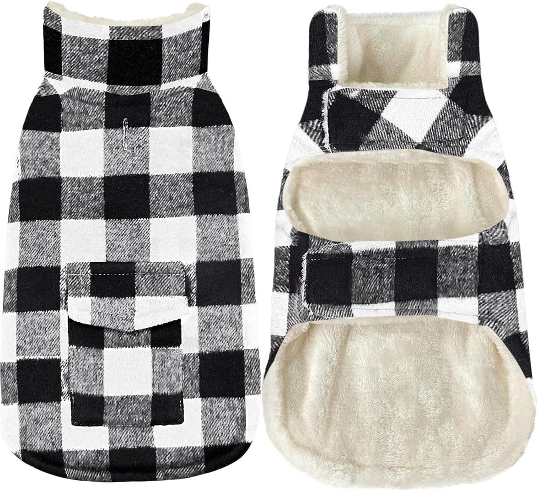 Malier Classic Plaid Fleece Dog Coat - Warm Winter Jacket with Pocket, Windproof for  Dogs (White, Large)