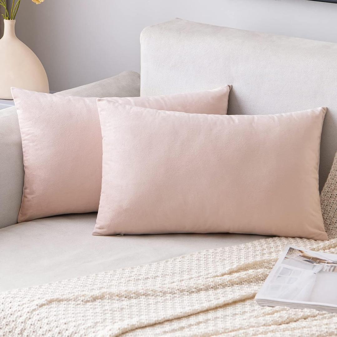 EMEMA Pack of 2 Velvet Throw Pillow Covers Decorative Rectangle Pillowcase Soft Solid Cushion Case for Sofa Bedroom Chair Car 12x20 Inch Pink