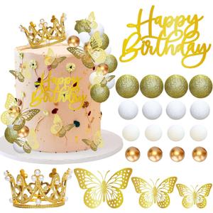 Gyufise 40Pcs Crown Cake Topper Balls Happy Birthday Cake Toppers Crown Birthday Candles Butterflies Corona Para Pastel Cake Decorations for Wedding Baby Shower Party Decorations Gold