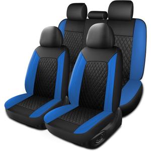 Blue Car Seat Covers,Breathable and Waterproof Seat Cover Full Set,PU Premium Universal Fit Automotive Airbag Compatible for Cars Sedans SUVs Vans and Trucks(Full Seat,Black+Blue,N1)