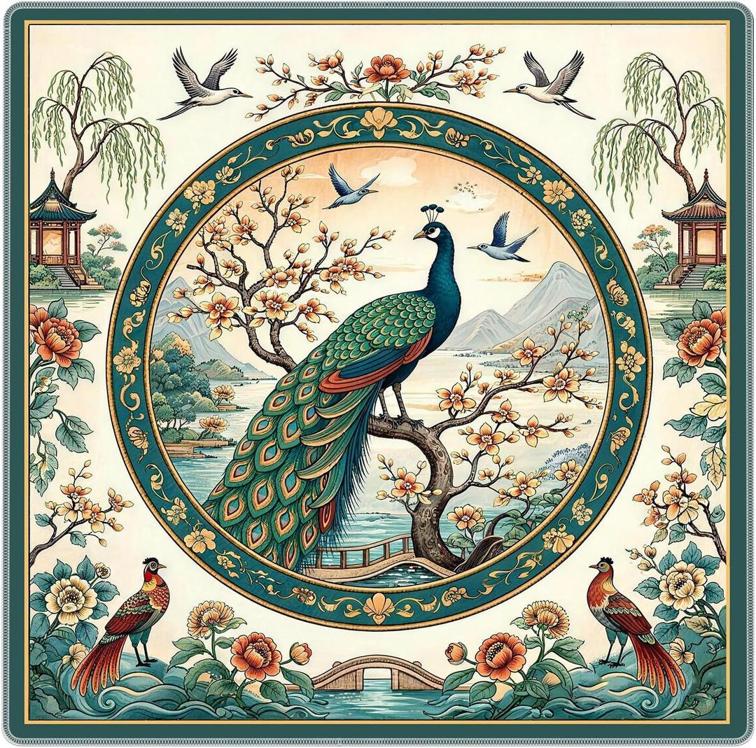 Vintage Green Chinoiserie Peacock Mahjong Mat for Table 31.5x31.5 in, Chinese Floral Pavilion Peacock Mahjong Table Mat Cover Anti Slip Noise Reduction for Mah Jong Card Board Tile Games