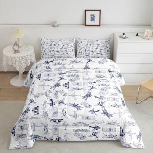 Feelyou Aircraft Bedding Set Kids Airplane Print Comforter Set Boys Girls Decor Aircraft Flying Comforter Cover Set Microfiber Sketch Style Blue White Duvet Set Bedroom Twin Size with 1 Pillow Case