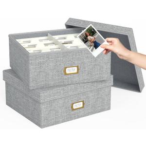 Decorative Photo Storage Box - 2 Pack Linen Photo Box Organizer with Dividers, Fits Holds Up to 1700 Pictures and 4x6 Photos, Memory Keepsake Organizer for Scrapbook Supplies, Cards, Stamps (Grey)