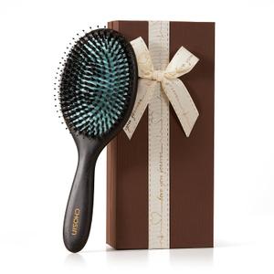 CHOSIN Boar Bristle Hair Brush: Paddle Brush with Wooden Handle for Men Women - Natural Bristles Brush Detangler Thick Hair, Reduces Frizz & Breakage for Christmas Gift (Green)