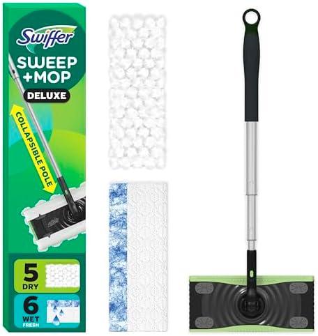 Swiffer Sweep & Mop Deluxe 2-in-1 Floor Mopping and Sweeping Kit, Multi-Surface Kit for Floor Cleaning, Kit Includes 1 Sweeper Device, 5 Heavy Duty Dry Sweeping Cloths, 6 Heavy Duty Wet Mopping Cloths