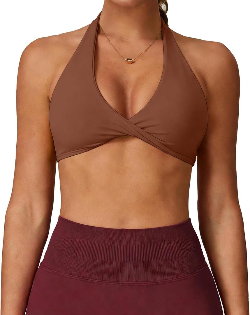 Halter Sports Bras for Women Padded Open Back V Neck Yoga Bra Workout Crop Tank Top Sexy Gym Bra Low Impact (Large, Brown)