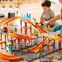 Puzzle Racer Kids Car Track Set, 4-Tier Race Tracks for Kids Ages 3-5 with 3 Cars, Traffic Parts, Trucks for Toddlers 2-4 Years, Floor Puzzle Tracks Car Gift for Boys Girls 3 4 5 Year Old