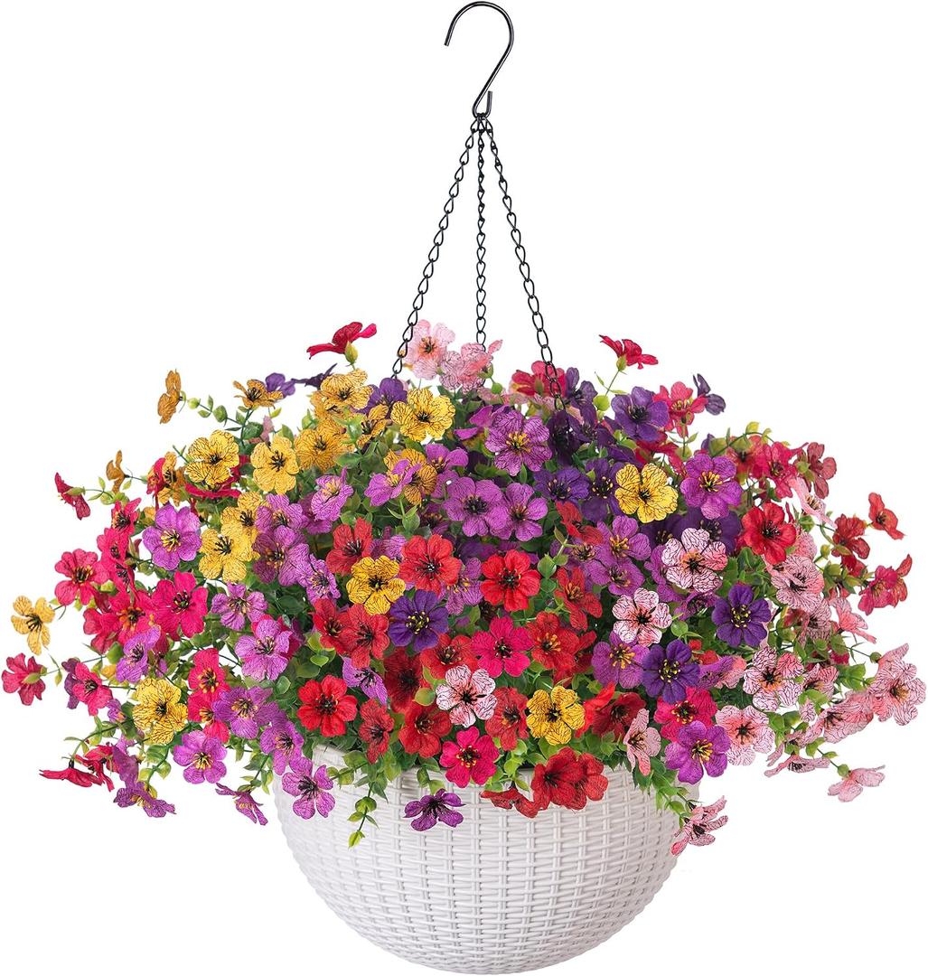 HyeFlora Artificial Faux Hanging Flowers Plants Basket for Outdoor Outside Decoration, Fake Silk Colorful Daisy in Planter for Porch Patio Garden Yard Home
